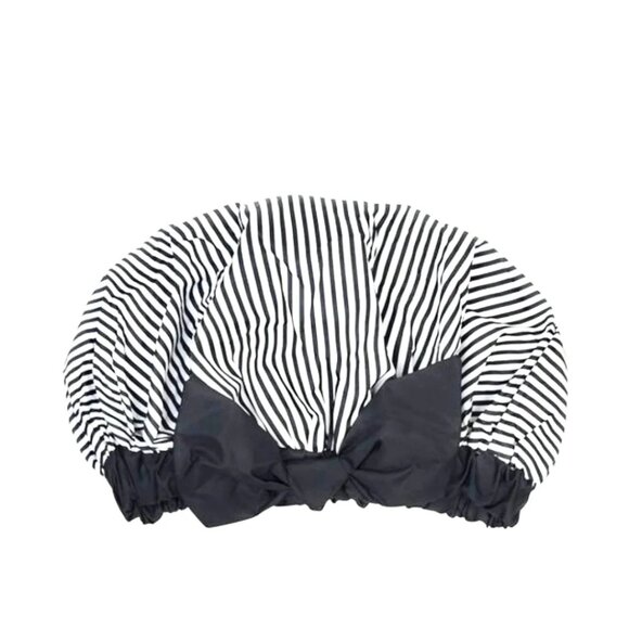 CONAIR SHOWER CAP WITH BOW -BLACK /WHITE STRIPED RUBBER UNISEX ONE SIZE - Picture 2 of 6